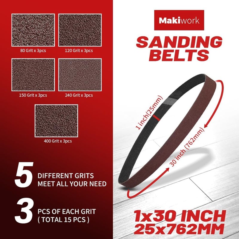 makiwork 1 x 30 Inch 25 x 762 mm Sanding Belts Set - 15-Pack with 80/120/150/240/400 Grits, Aluminum Oxide Abrasive Belts for Woodworking - Image 2